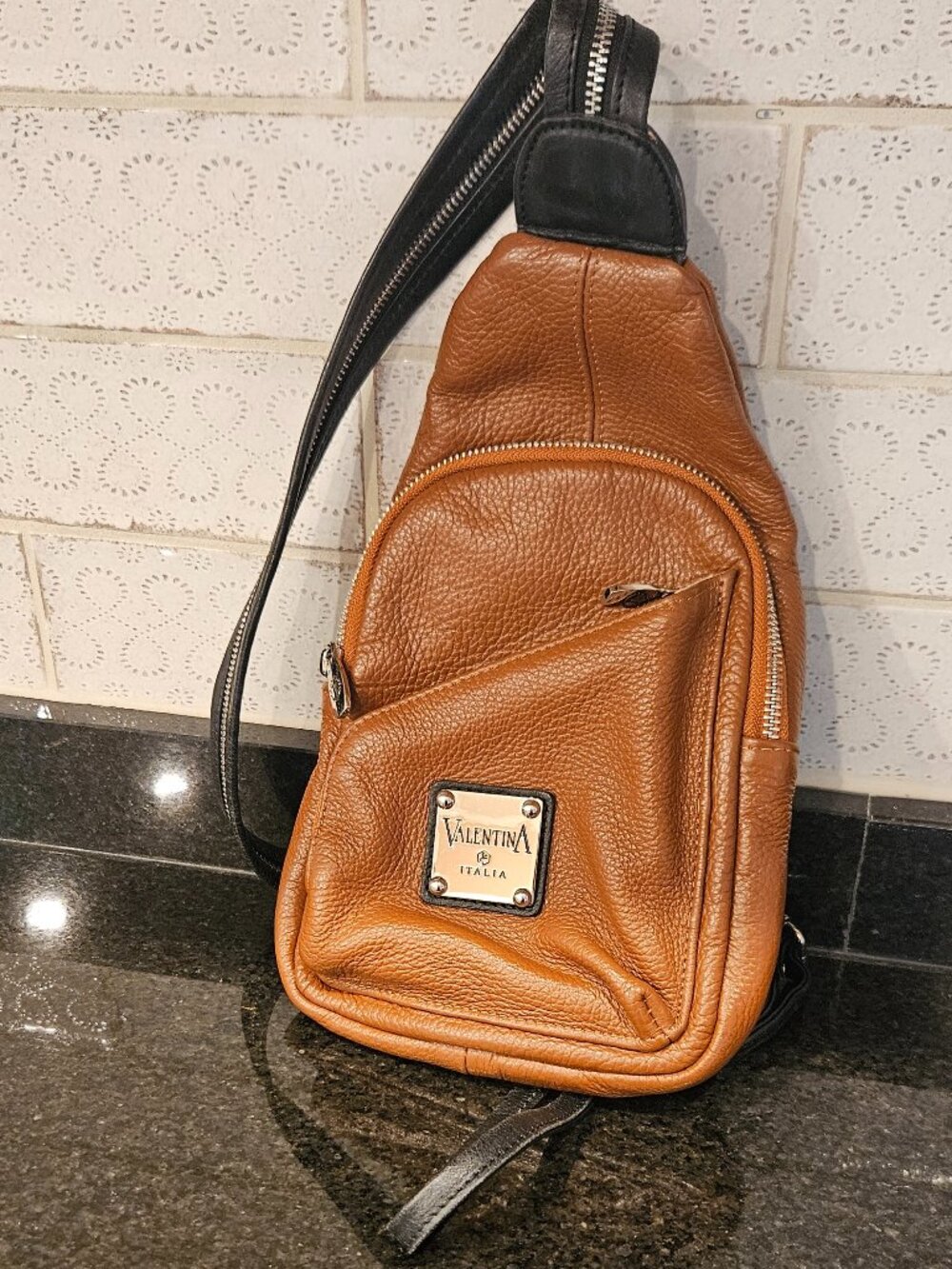 Valentina Pebbled Leather Convertible Sling Backpack Brown Black Medium